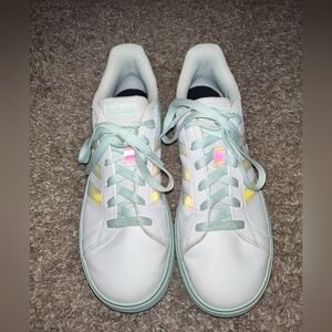 Adidas Kids Sneakers 5.5 | White Mint Green Iridescent Stripe Shoes | Girls Boys
